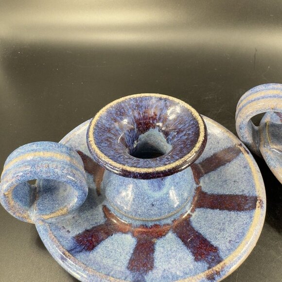 Hand Made Studio Art Pottery Candle Stick Holder Set 2 Multicolor Drop Glaze VTG - Picture 3 of 15